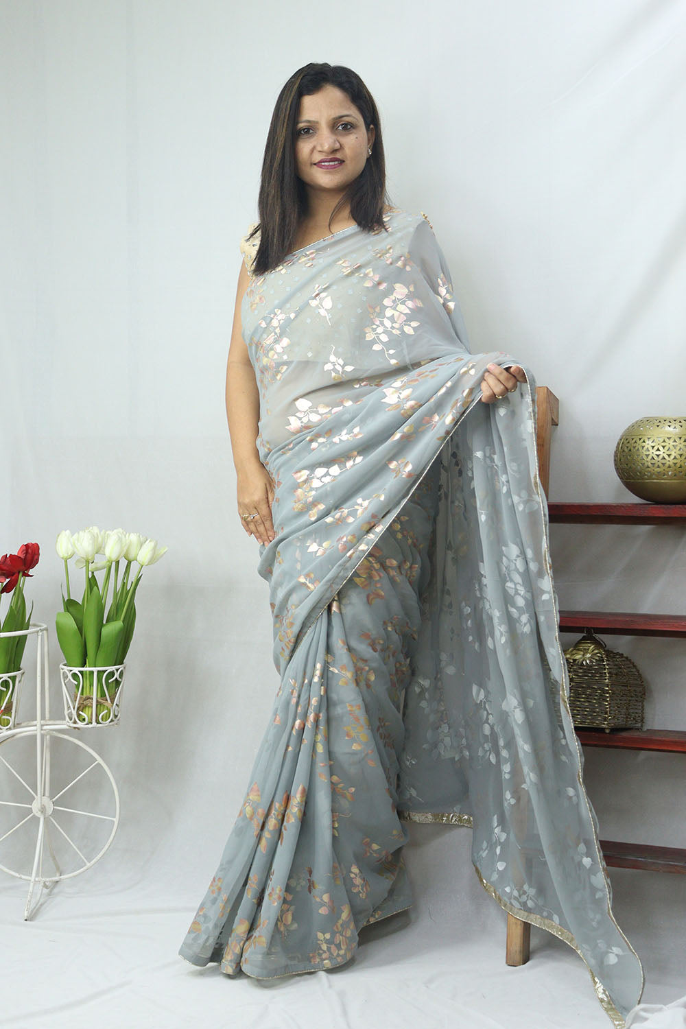 Stylish Grey Georgette Saree with Trendy Foil Print - Perfect for Any  Occasion! - Buy Now