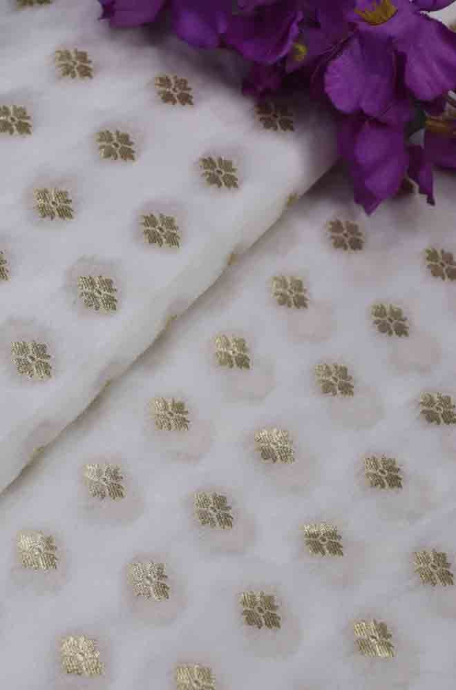 White & Golden Motifs Dyeable Embroidered Chiffon Fabric at Rs