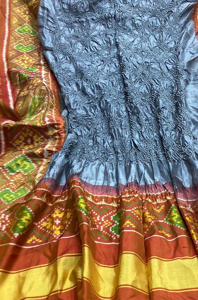 Grey Bandhani Single Ikat Patola Pure Silk Dupatta - Buy Now