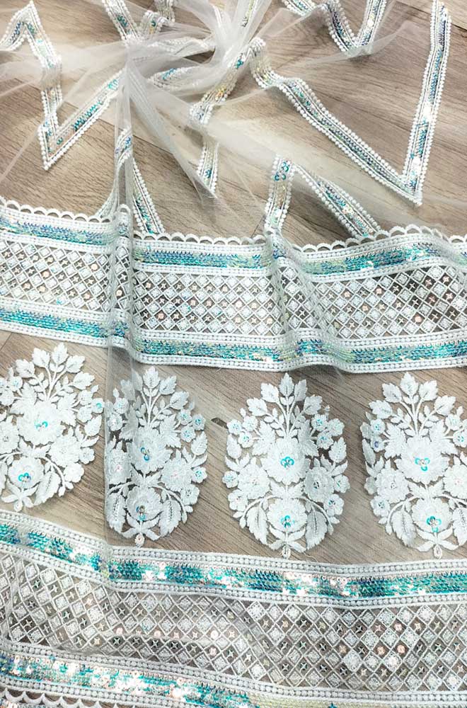Shop the Off White Embroidered Net Sequins Fabric - 1 Mtr