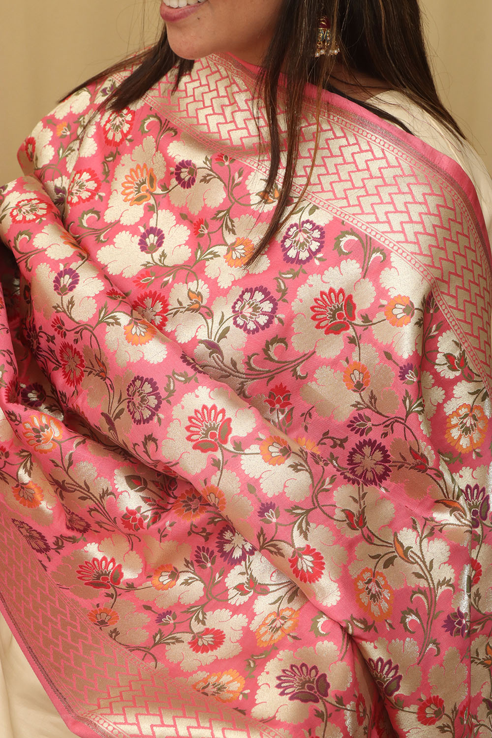 Stunning Pink Banarasi Kimkhwab Design Silk Dupatta - Elegant and Luxurious - Luxurion World