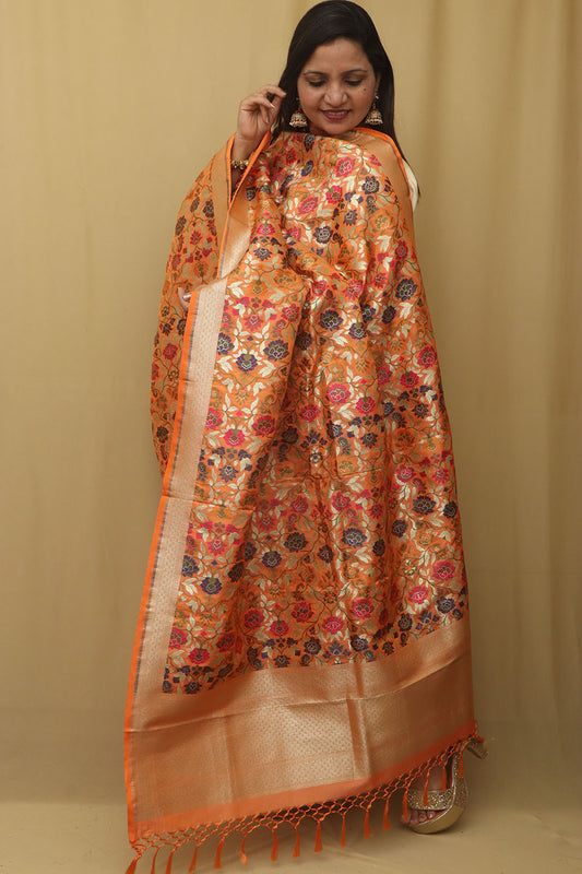 Vibrant Orange Banarasi Kimkhwab Design Silk Dupatta - Elegant and Luxurious - Luxurion World