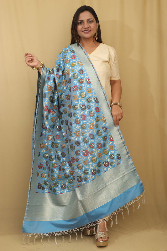 Exquisite Blue Banarasi Kimkhwab Design Silk Dupatta - Elegant and Luxurious - Luxurion World