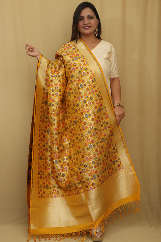 Opulent Yellow Banarasi Kimkhwab Design Silk Dupatta - Luxurion World