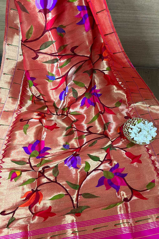 Golden And Pink Paithani Handloom Pure Silk Brocade Muniya Border Dupatta - Luxurion World