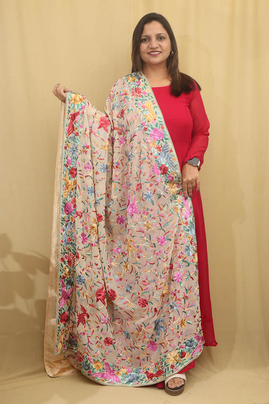 Exquisite Pastel Parsi Georgette Dupatta with Hand Embroidery - Luxurion World