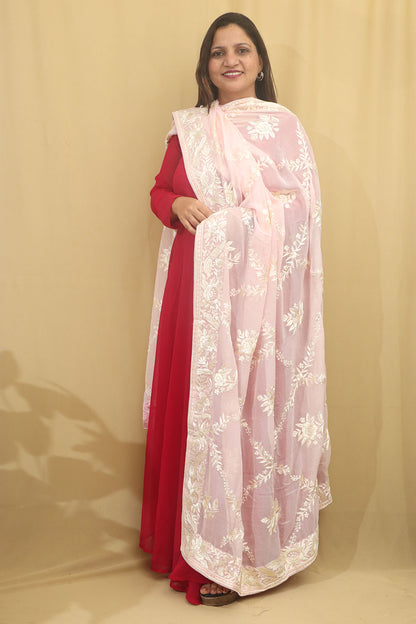 Exquisite Pink Parsi Georgette Dupatta with Hand Embroidery - Luxurion World