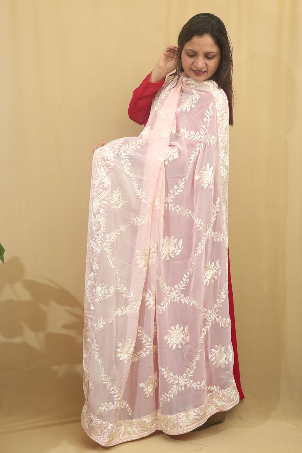 Exquisite Pink Parsi Georgette Dupatta with Hand Embroidery - Luxurion World