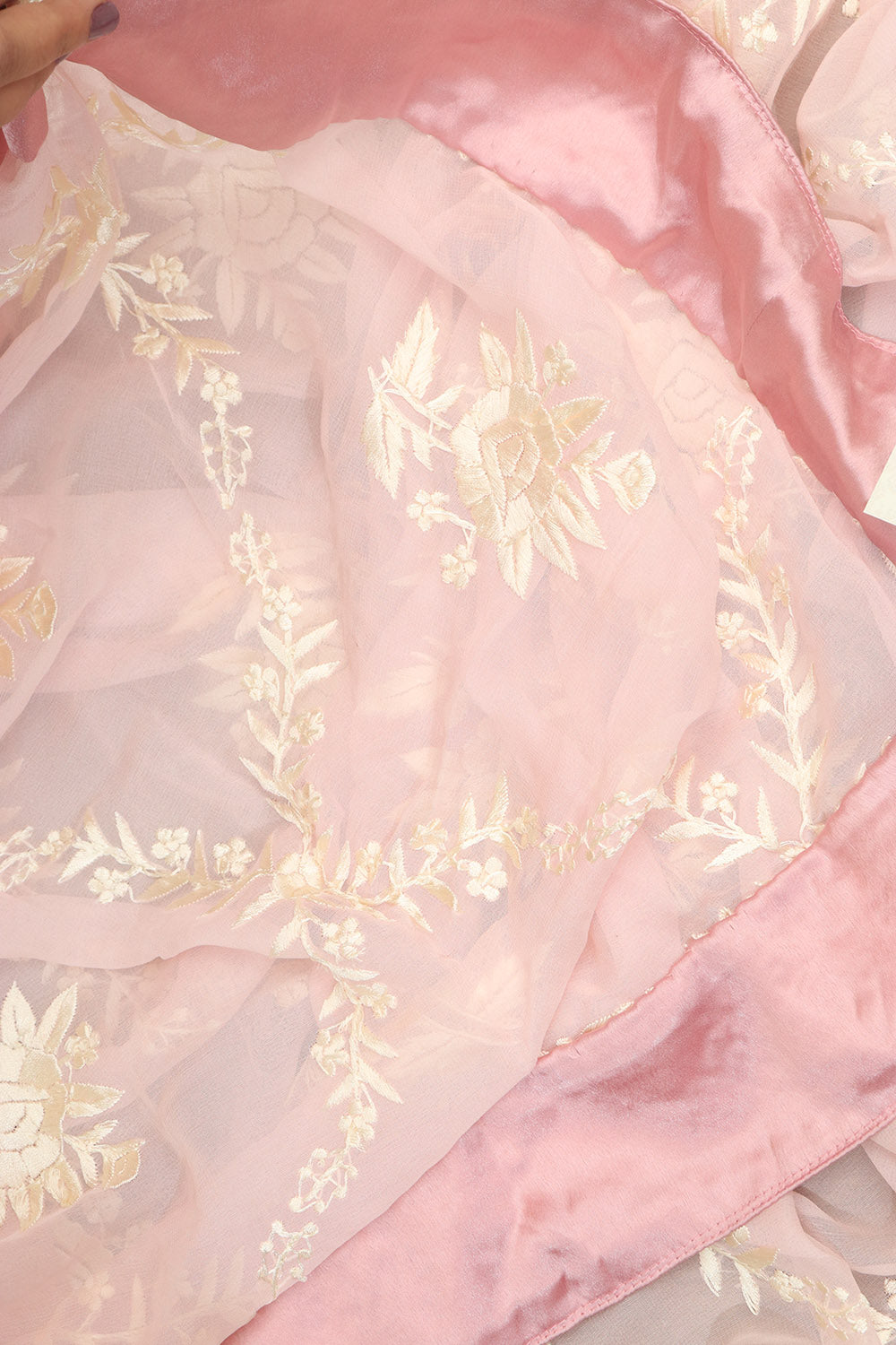 Exquisite Pink Parsi Georgette Dupatta with Hand Embroidery - Luxurion World