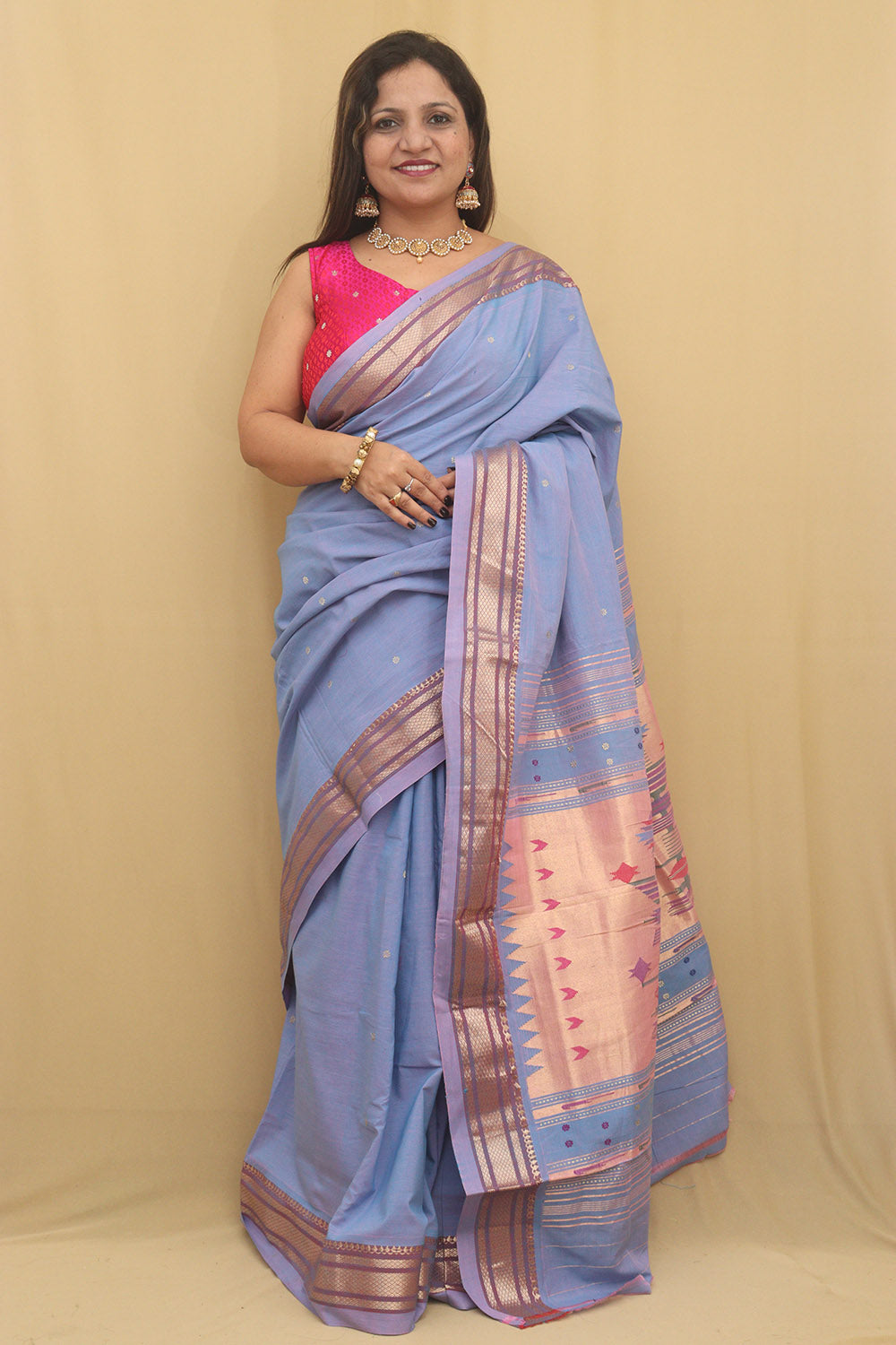 Blue Paithani Handloom Pure Cotton Saree - Luxurion World