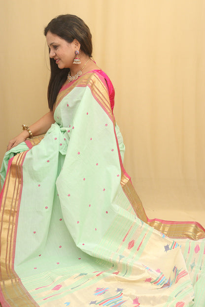Pista Green Paithani Handloom Pure Cotton Saree - Luxurion World