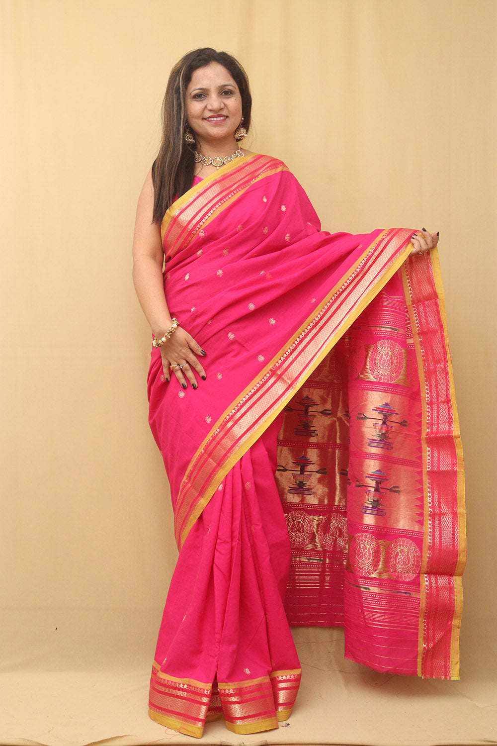 Pink Paithani Handloom Pure Cotton Saree - Luxurion World