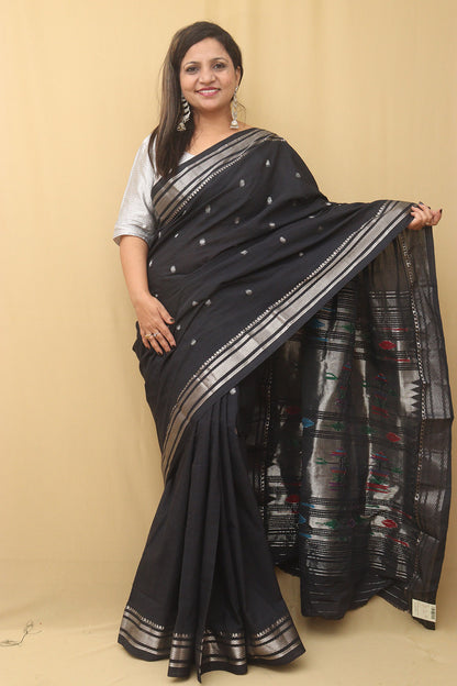 Black Paithani Handloom Pure Cotton Saree - Luxurion World