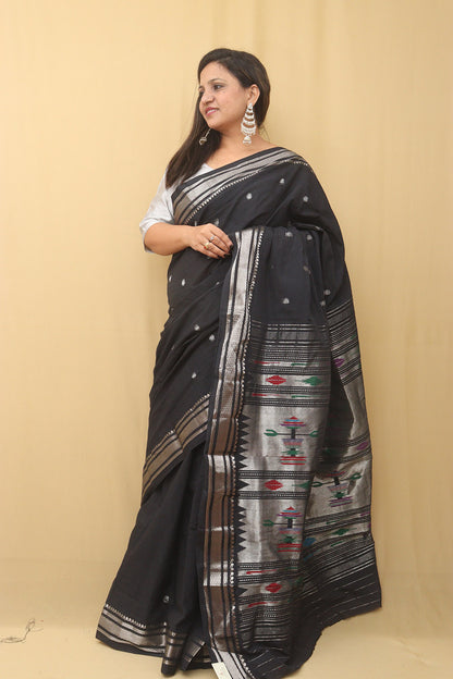 Black Paithani Handloom Pure Cotton Saree - Luxurion World