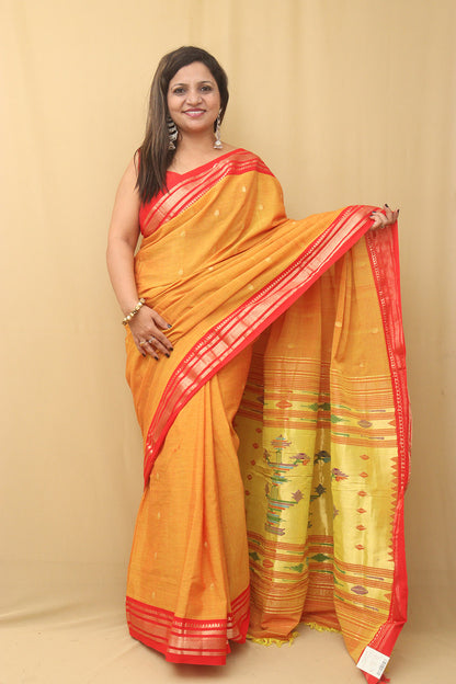 Yellow Paithani Handloom Pure Cotton Saree - Luxurion World