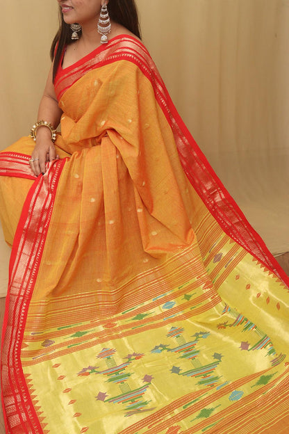 Yellow Paithani Handloom Pure Cotton Saree - Luxurion World