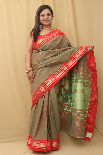 Green Paithani Handloom Pure Cotton Saree - Luxurion World