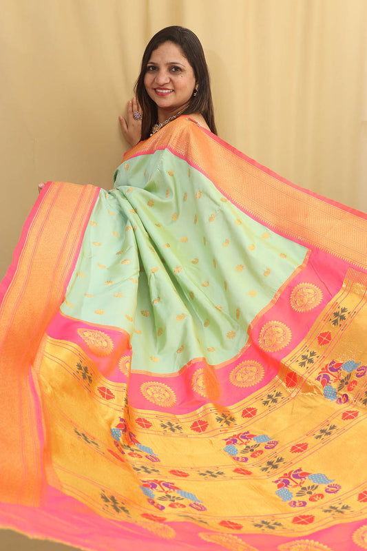 Exquisite Green Paithani Silk Saree with Maharani Pallu - Luxurion World