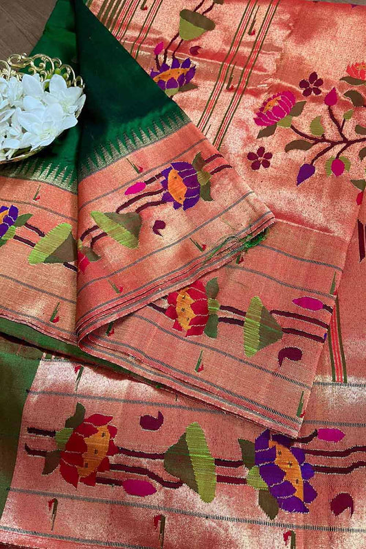 Green Paithani Handloom Pure Silk Lotus Border Saree - Luxurion World