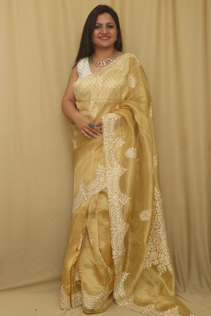 Yellow Trendy Tissue Organza Embroidered Saree - Luxurion World