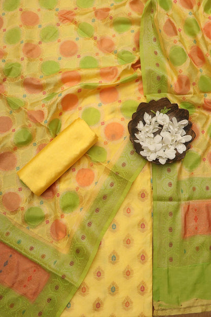 Stunning Yellow Banarasi Chanderi Silk Brush Dye Three Piece Unstitched Suit Set - Luxurion World