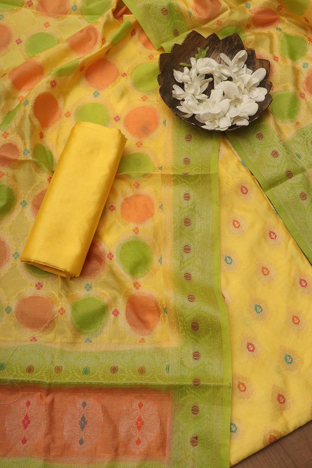 Stunning Yellow Banarasi Chanderi Silk Brush Dye Three Piece Unstitched Suit Set - Luxurion World