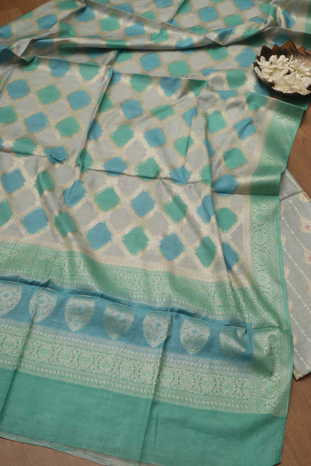 Blue Banarasi Chanderi Silk Brush Dye Three Piece Unstitched Suit Set - Luxurion World