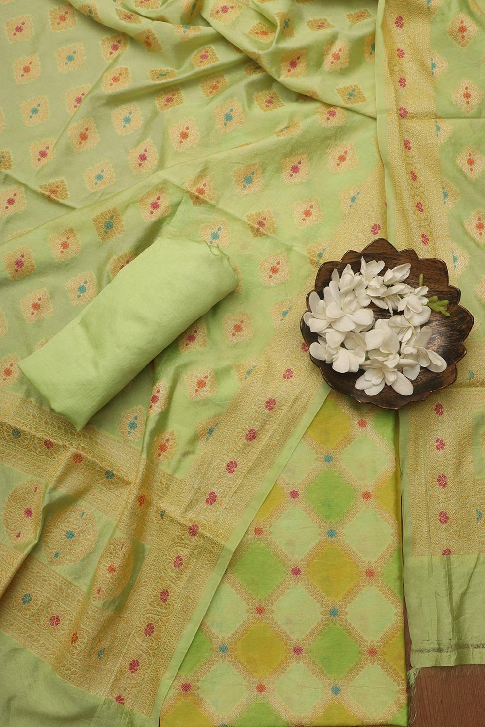 Green Banarasi Chanderi Silk Brush Dye Three Piece Unstitched Suit Set - Luxurion World