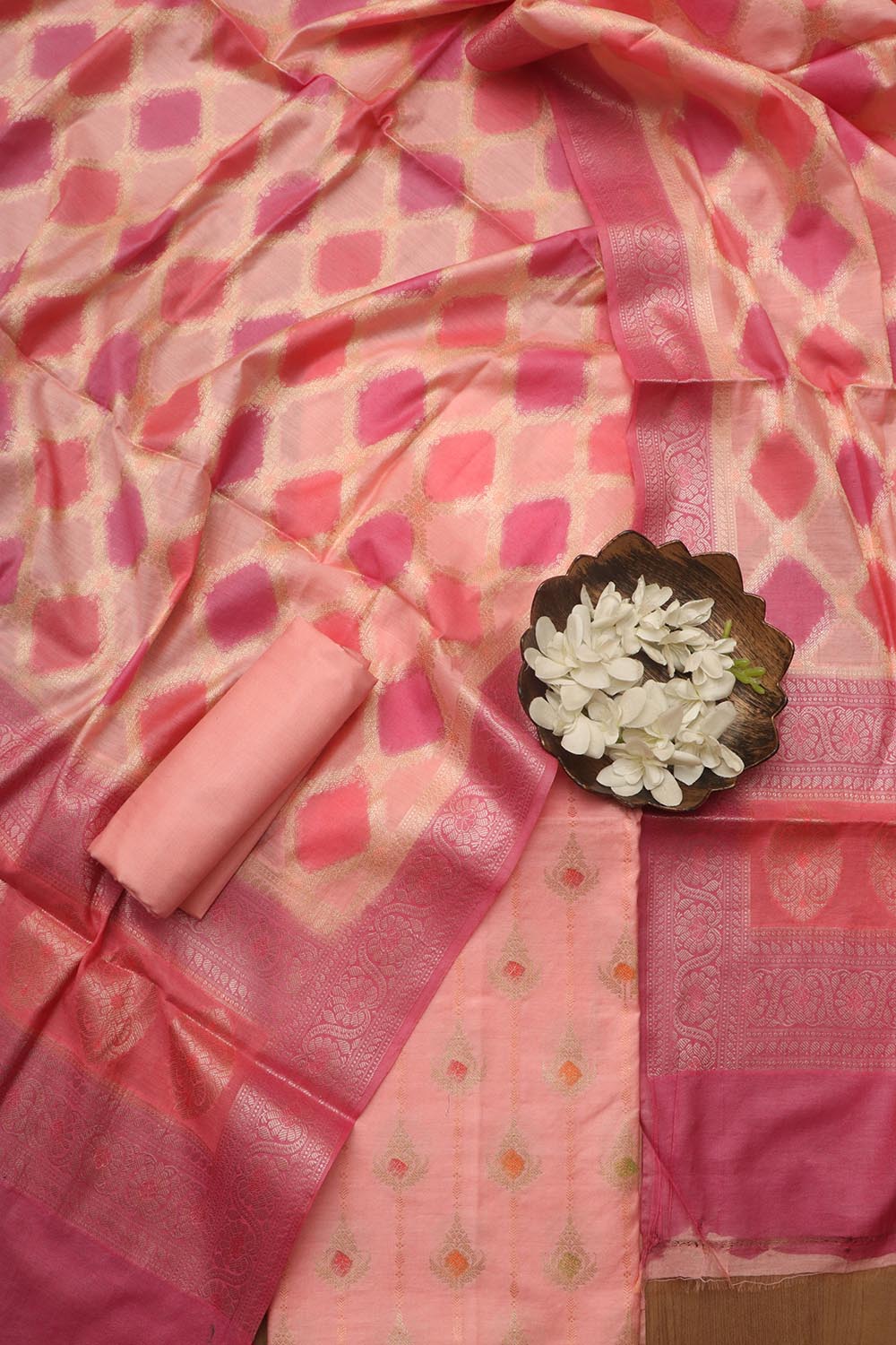 Stunning Pink Banarasi Chanderi Silk Brush Dye Three Piece Unstitched Suit Set - Luxurion World