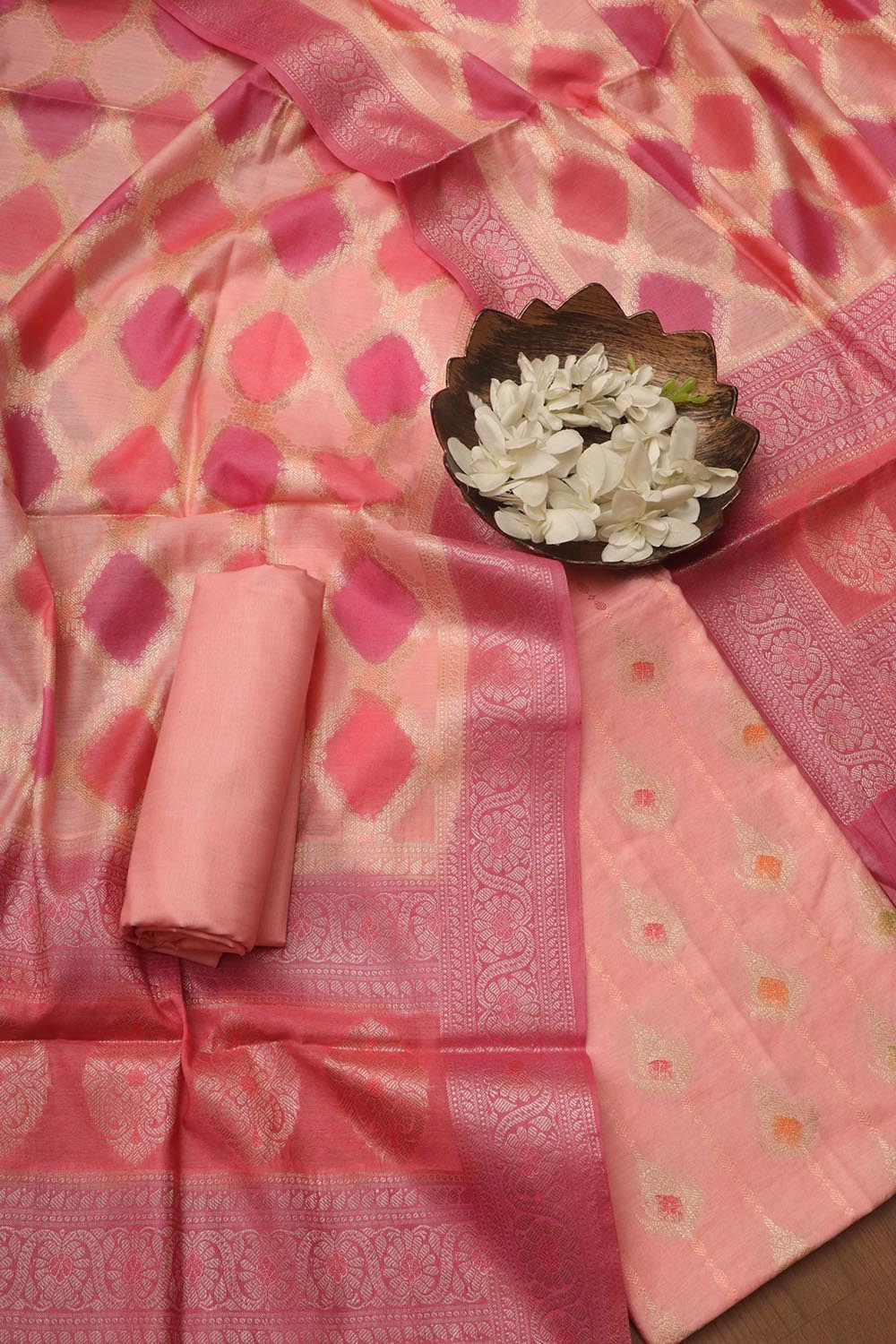 Stunning Pink Banarasi Chanderi Silk Brush Dye Three Piece Unstitched Suit Set - Luxurion World