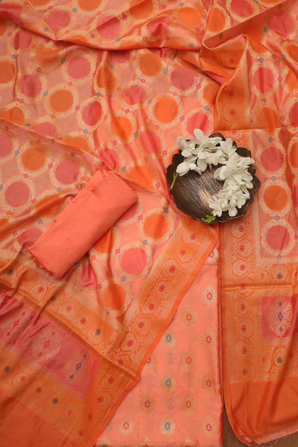 Orange Banarasi Chanderi Silk Brush Dye Three Piece Unstitched Suit Set - Luxurion World