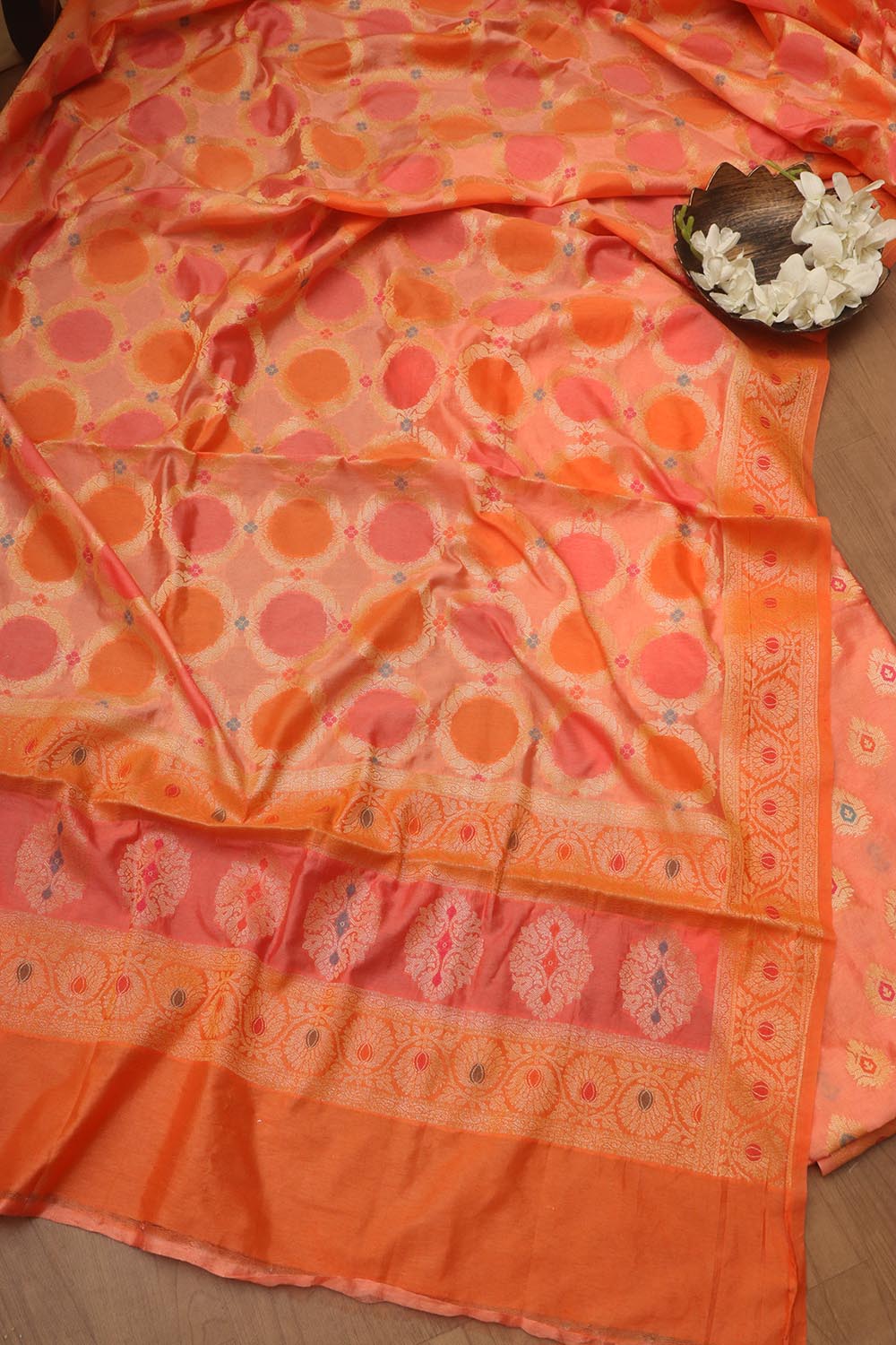 Orange Banarasi Chanderi Silk Brush Dye Three Piece Unstitched Suit Set - Luxurion World