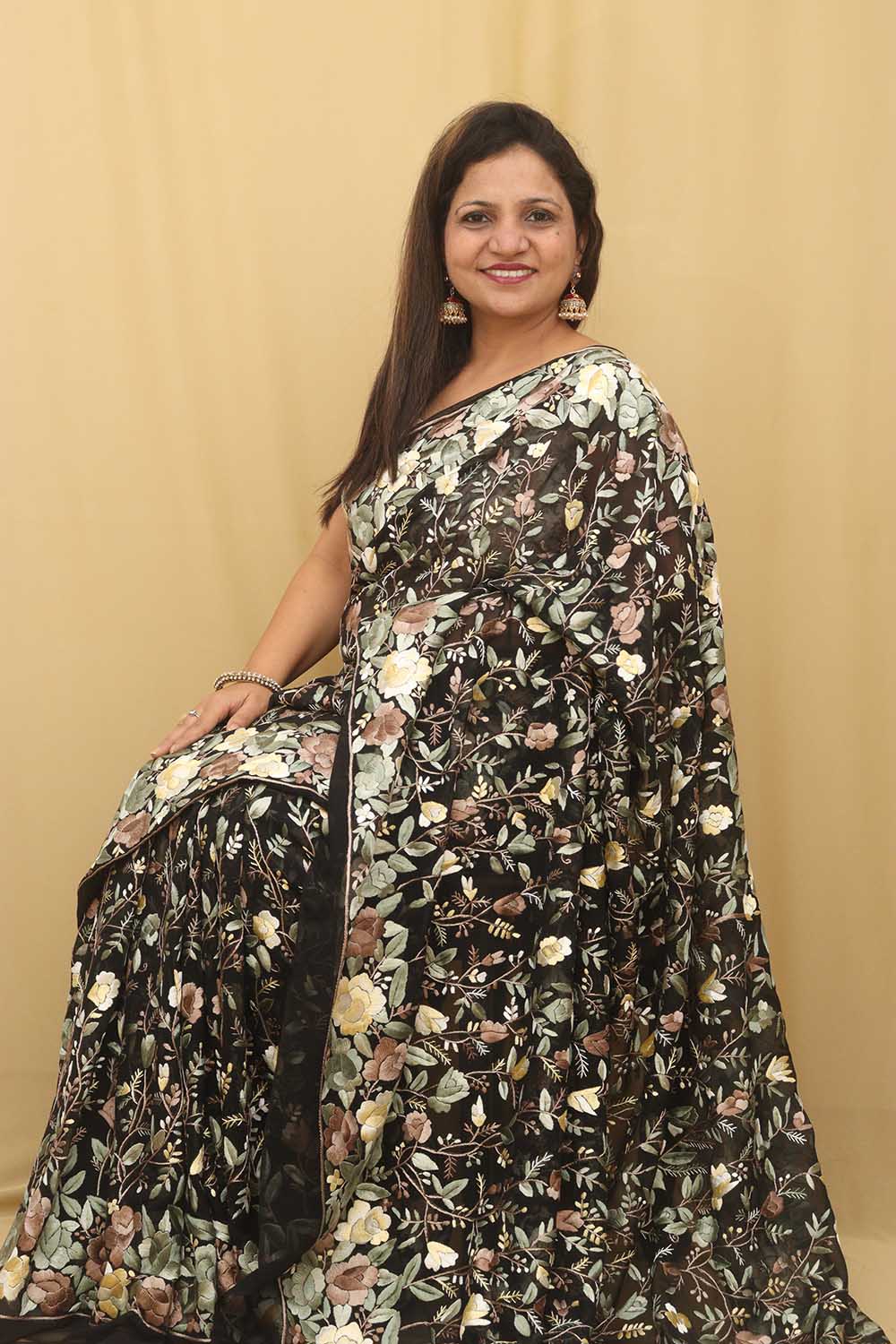 Black Floral Print Saree – Designer Pithi