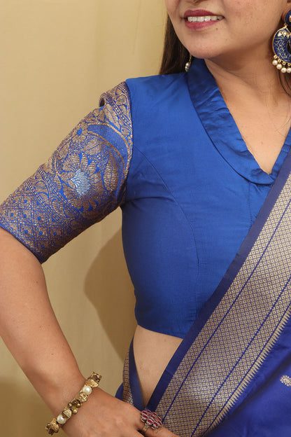 Blue Plain Silk Non Padded Blouse With Banarasi Border - Luxurion World