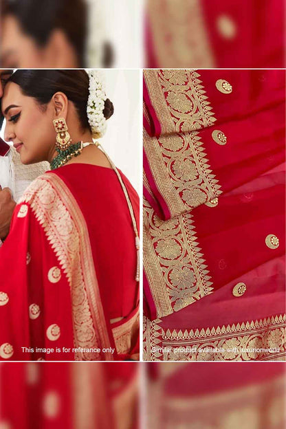 Exquisite Red Handloom Banarasi Pure Kora Silk Saree - Luxurion World