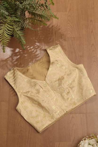 Cream Banarasi Silk Shikargha Design V Neck Non Padded Stitched Blouse - Luxurion World