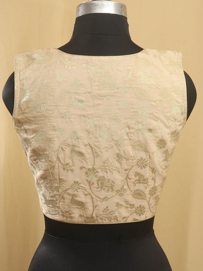 Cream Banarasi Silk Shikargha Design V Neck Non Padded Stitched Blouse - Luxurion World