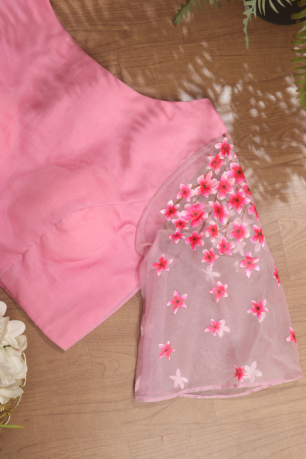 Buy Pink Chanderi Tissue Plain Boat Neck Gulkhera Blouse For Women