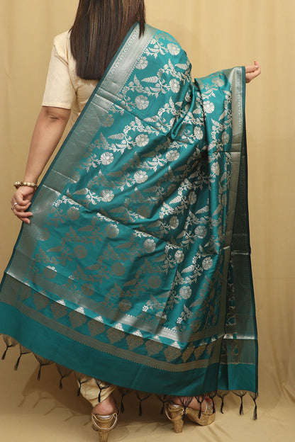 Stunning Greenish Blue Banarasi Silk Dupatta - Luxurion World