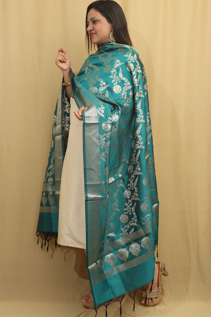 Stunning Greenish Blue Banarasi Silk Dupatta - Luxurion World