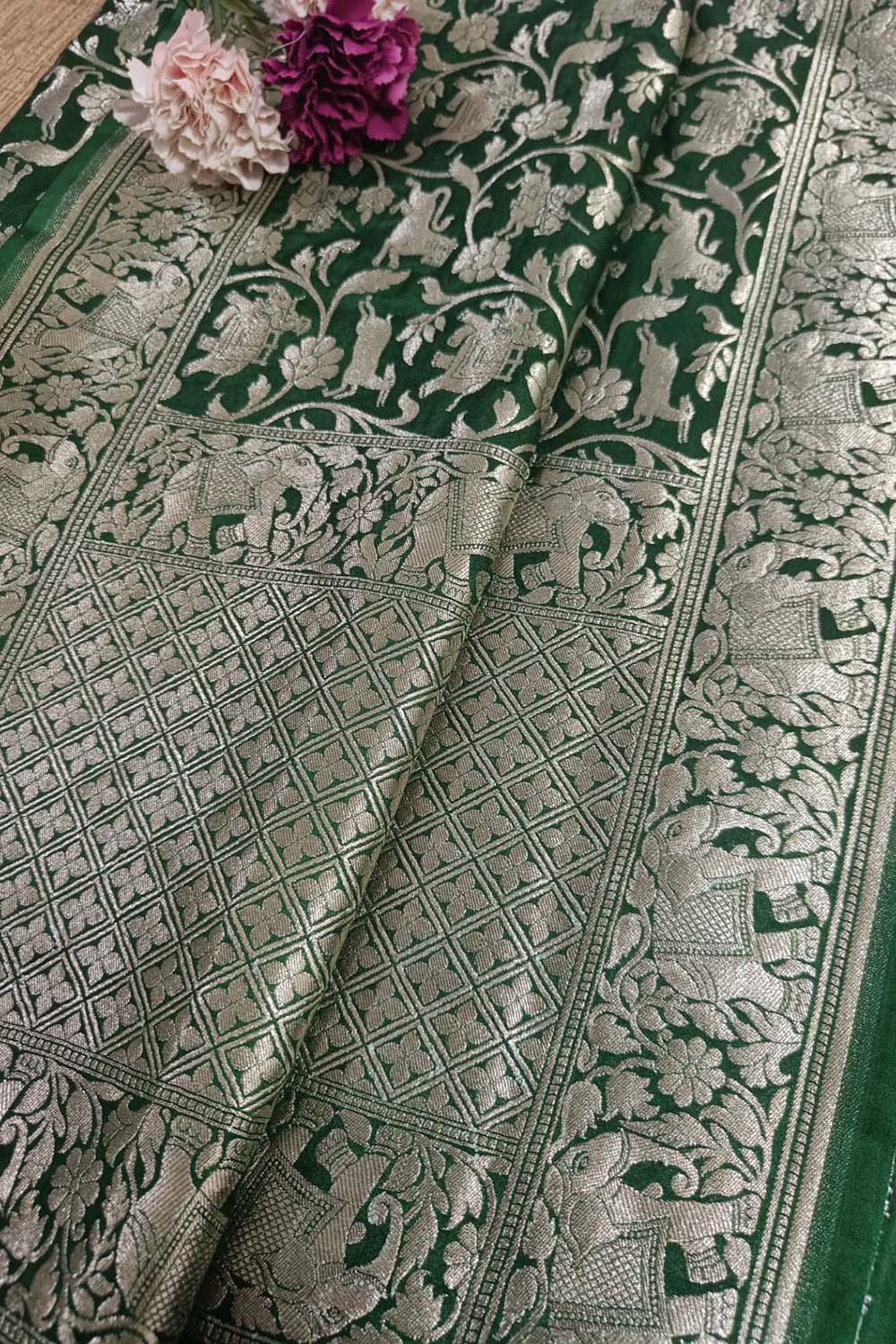 Exquisite Green Banarasi Silk Dupatta with Shikargah Design - Luxurion World