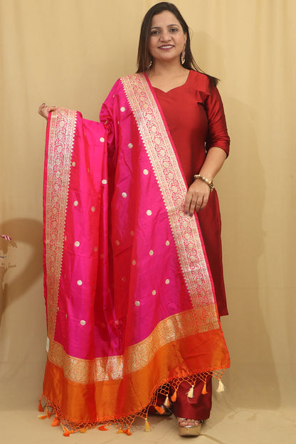 Vibrant Pink & Orange Handloom Banarasi Pure Katan Silk Dupatta - Luxurion World