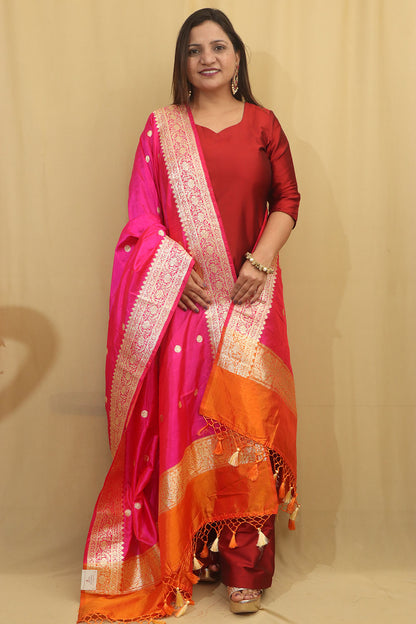 Vibrant Pink & Orange Handloom Banarasi Pure Katan Silk Dupatta - Luxurion World