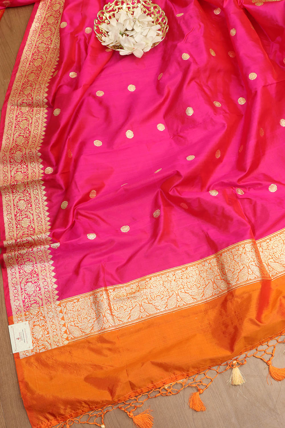 Vibrant Pink & Orange Handloom Banarasi Pure Katan Silk Dupatta - Luxurion World