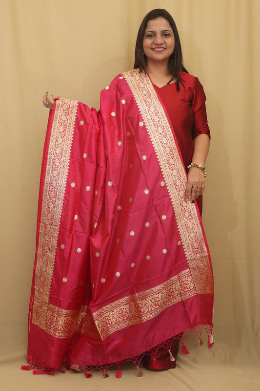 Vibrant Pink Handloom Banarasi Pure Katan Silk Dupatta - Luxurion World