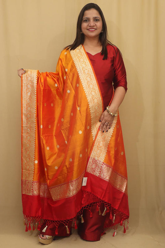 Orange Handloom Banarasi Pure Katan Silk Dupatta - Luxurion World