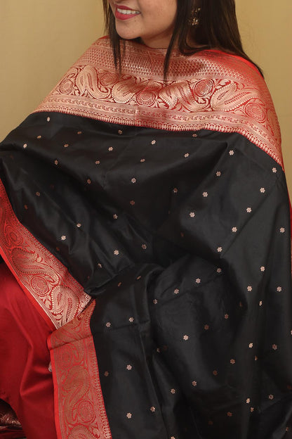 Exquisite Black Handloom Banarasi Pure Katan Silk Dupatta - Luxurion World