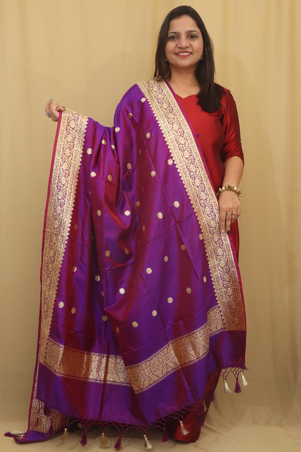 Exquisite Purple Handloom Banarasi Pure Katan Silk Dupatta - Luxurion World