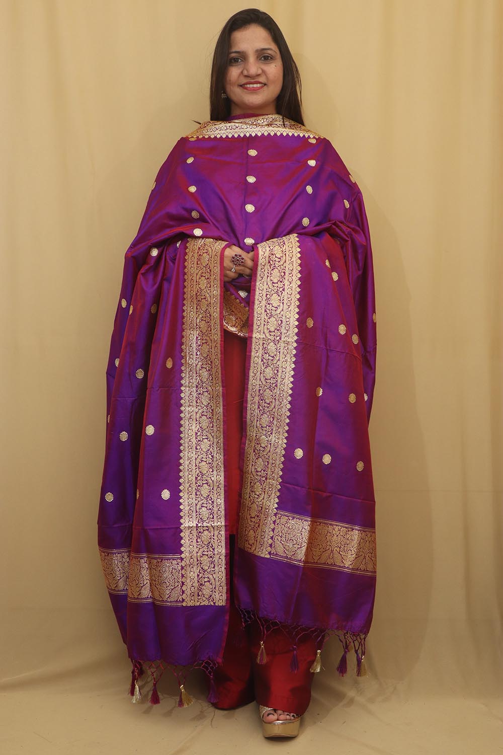 Exquisite Purple Handloom Banarasi Pure Katan Silk Dupatta - Luxurion World