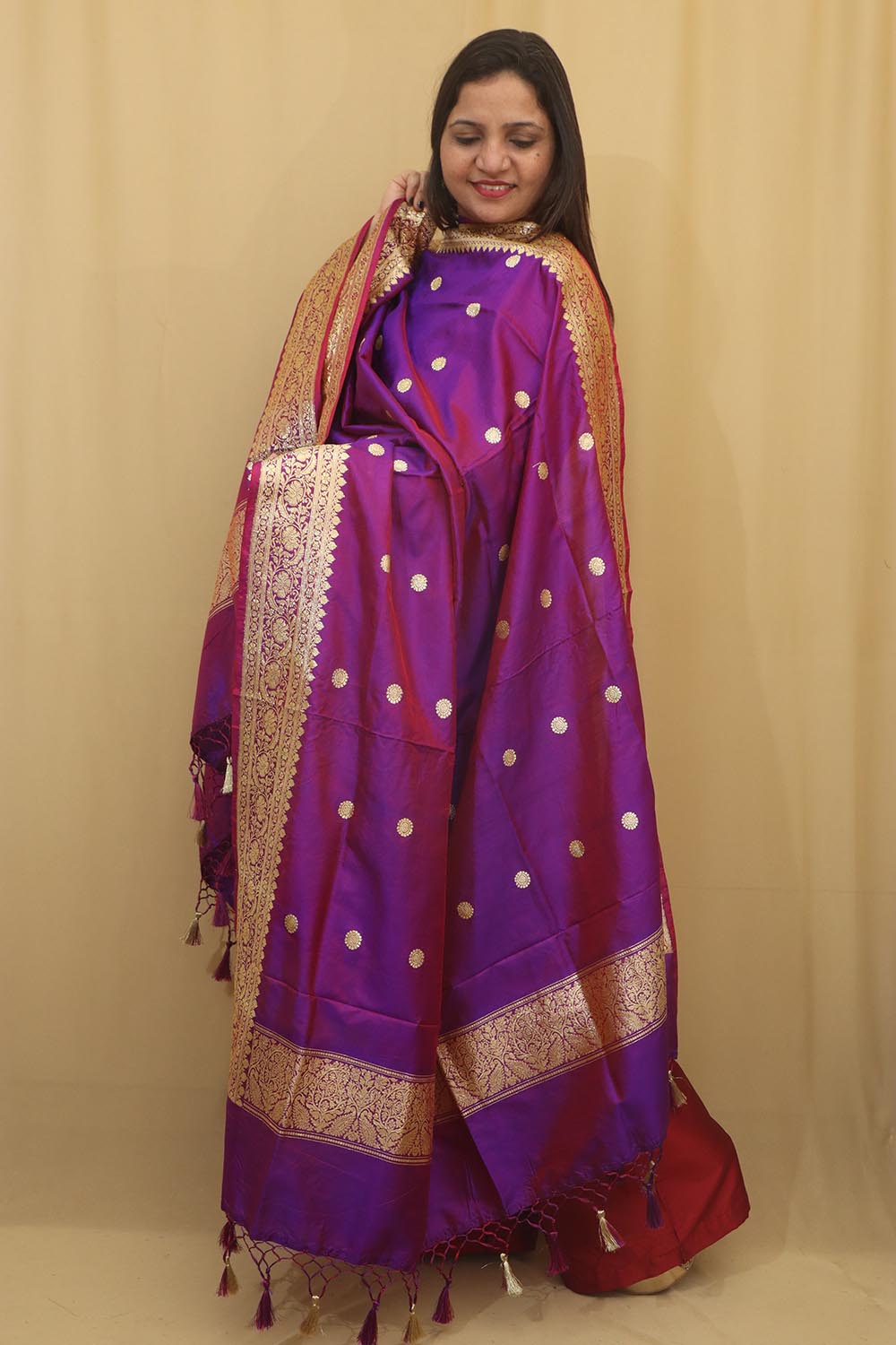 Exquisite Purple Handloom Banarasi Pure Katan Silk Dupatta - Luxurion World